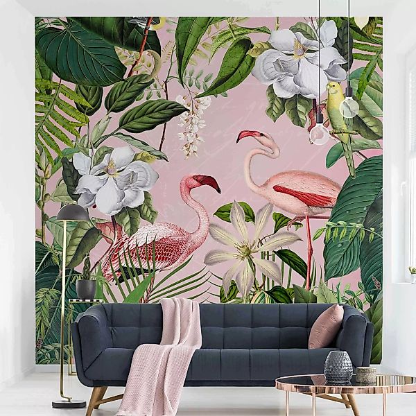 Fototapete Tropische Flamingos mit Pflanzen in Rosa günstig online kaufen