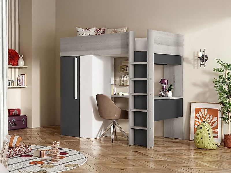 Hochbett mit Schrank & Schreibtisch + Matratze - 90 x 200 cm - Anthrazit & günstig online kaufen