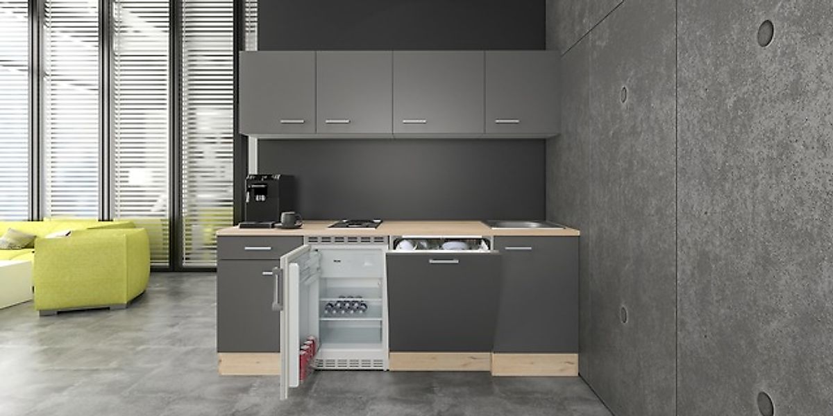 Flex-Well Exclusiv Büroküche Morena 210 cm Basaltgrau matt-San Remo Eiche h günstig online kaufen