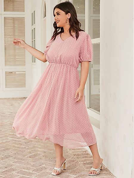 Plus Size Rosa V-Ausschnitt Gummizug Kurze Ärmel Maxi Kleid günstig online kaufen