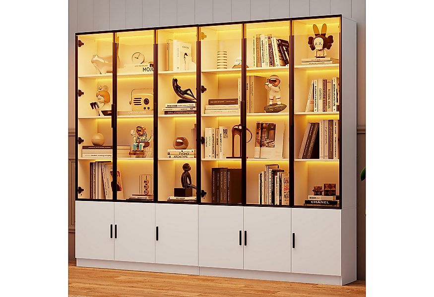 OKWISH Vitrine Regal 240x200x32 cm mit 12 Glastüren & LED-Beleuchtung – MDF günstig online kaufen