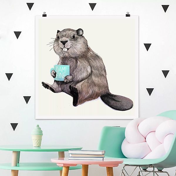 Poster - Quadrat Illustration Biber mit Kaffeetasse günstig online kaufen