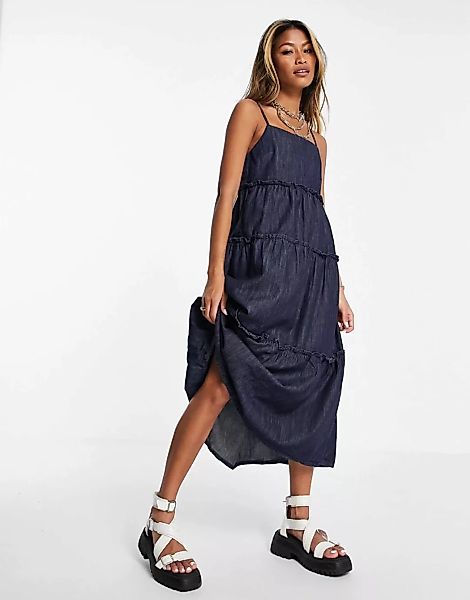 Topshop – Gestuftes Jeanskleid in Indigo-Blau günstig online kaufen
