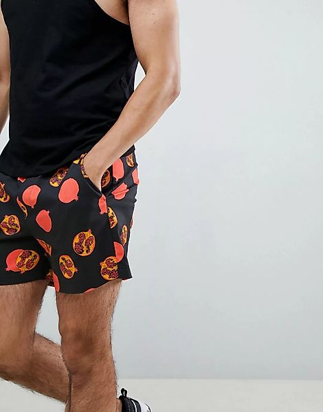 ASOS DESIGN – Schmale Shorts mit Granatapfelaufdruck-Schwarz günstig online kaufen