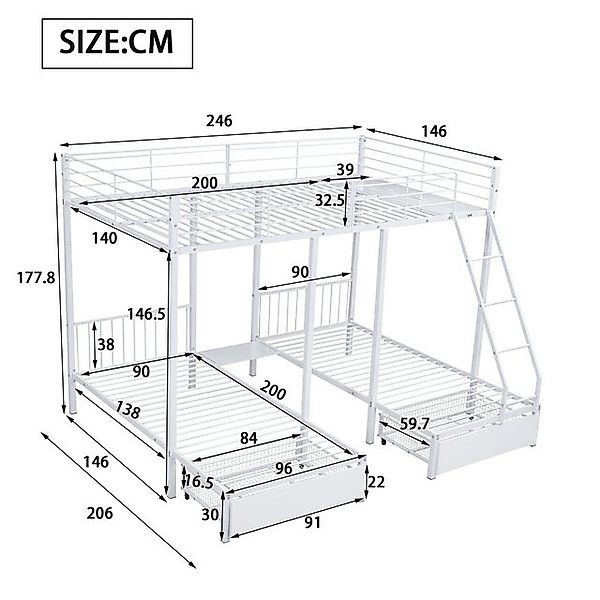 HAUSS SPOLE Etagenbett mit Schubladen, 140 x 200 und zwei 90 x 200 Einzelbe günstig online kaufen