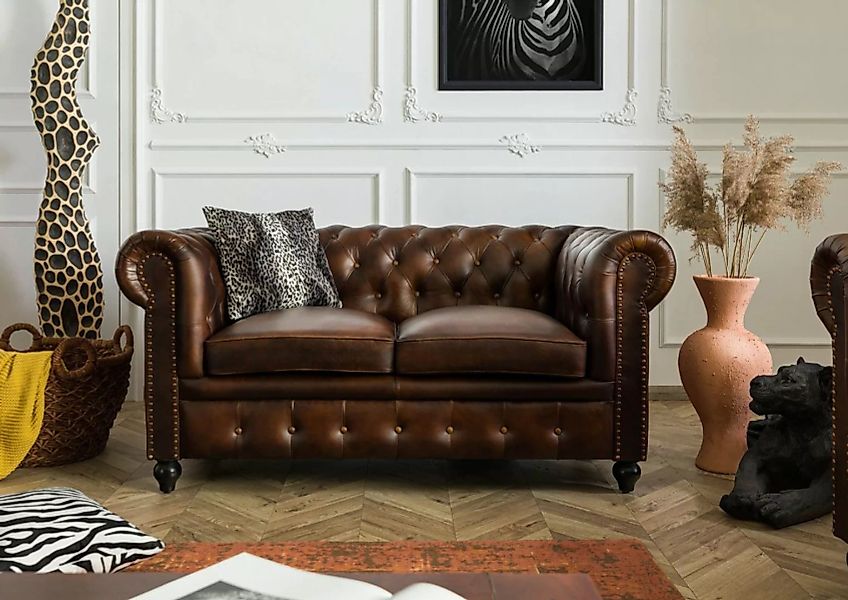 Massivmoebel24 Sofa Sofa 2-Sitzer Echtleder 158x82x75 braun CHESTERFIELD #1 günstig online kaufen