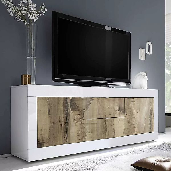 Modernes TV Sideboard in Weiß & Holz verwittert 210 cm breit günstig online kaufen
