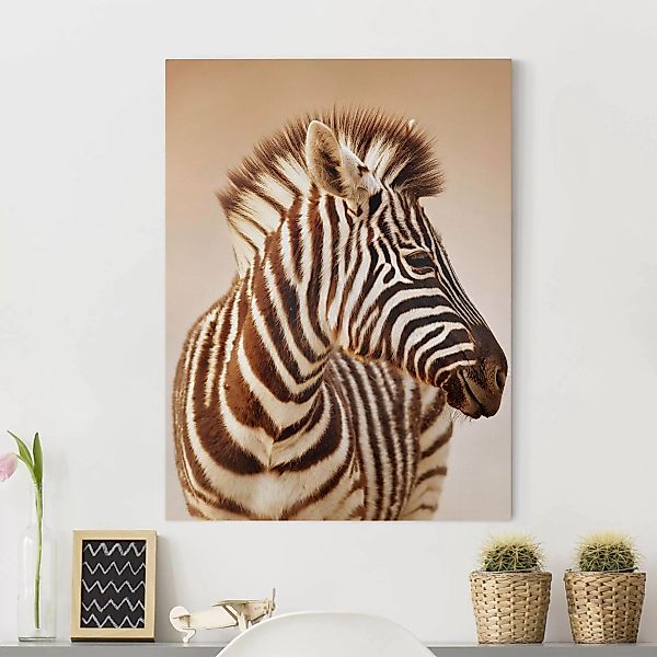 Leinwandbild - Hochformat Zebra Baby Portrait günstig online kaufen