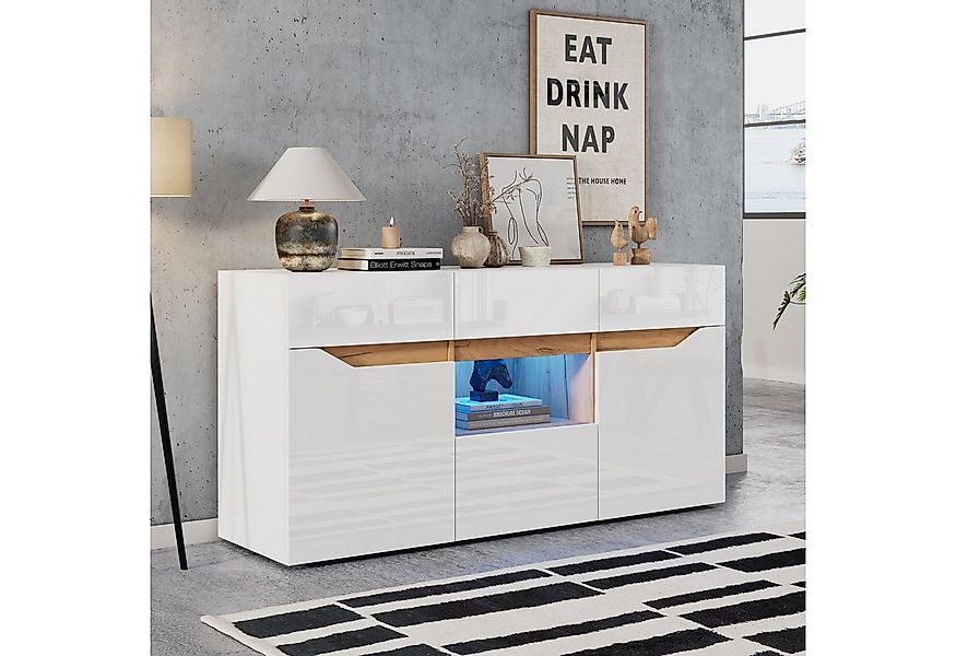 Merax Sideboard hochglanz Anrichte mit LED, Buffetschrank in Weiß & Holzopt günstig online kaufen