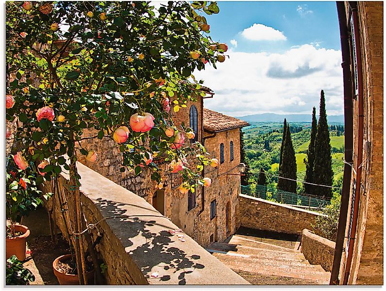 Artland Glasbild "Rosen auf Balkon Toskanalandschaft" Garten 1 Stk. tlg. in günstig online kaufen