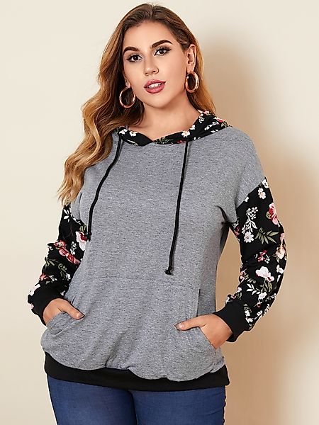 YOINS Plus Größe Pullover Blumendruck Kapuzen Design Langarm Sweatshirt günstig online kaufen
