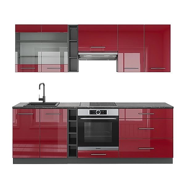 Vicco Fame-Line Küchenzeile Bordeaux Hochglanz/Anthrazit 235 cm AP Anthrazi günstig online kaufen