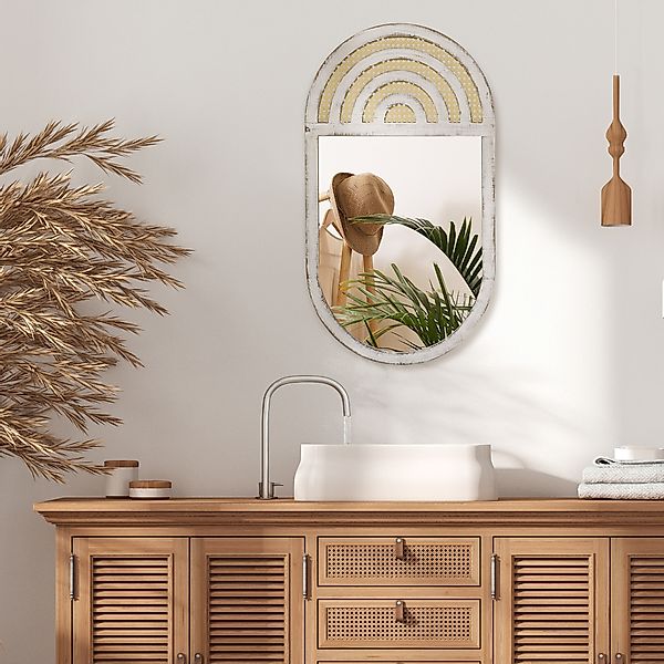 HOMCOM Wandspiegel Rattanoptik 50x90cm Holzrahmen Weiß für Schlafzimmer Woh günstig online kaufen