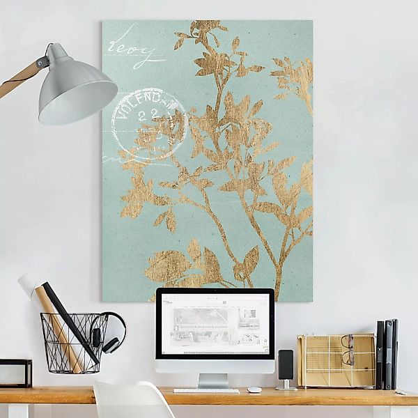 Leinwandbild Spruch - Hochformat Goldene Blätter auf Turquoise II günstig online kaufen