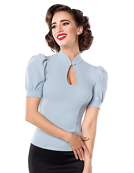 Jersey Bluse mit mit Puffärmeln und Stehkragen von Belsira (XL, Hellblau) günstig online kaufen