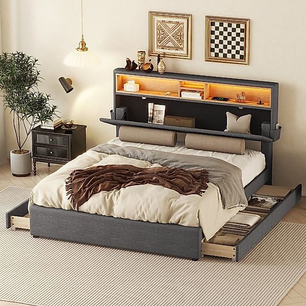 Ulife Polsterbett Doppelbett Stauraum-Kopfteil LED-Beleuchtung Funktionsbet günstig online kaufen
