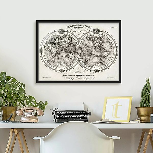 Bild mit Rahmen Stadt-, Land- & Weltkarte - Querformat Weltkarte - Französi günstig online kaufen