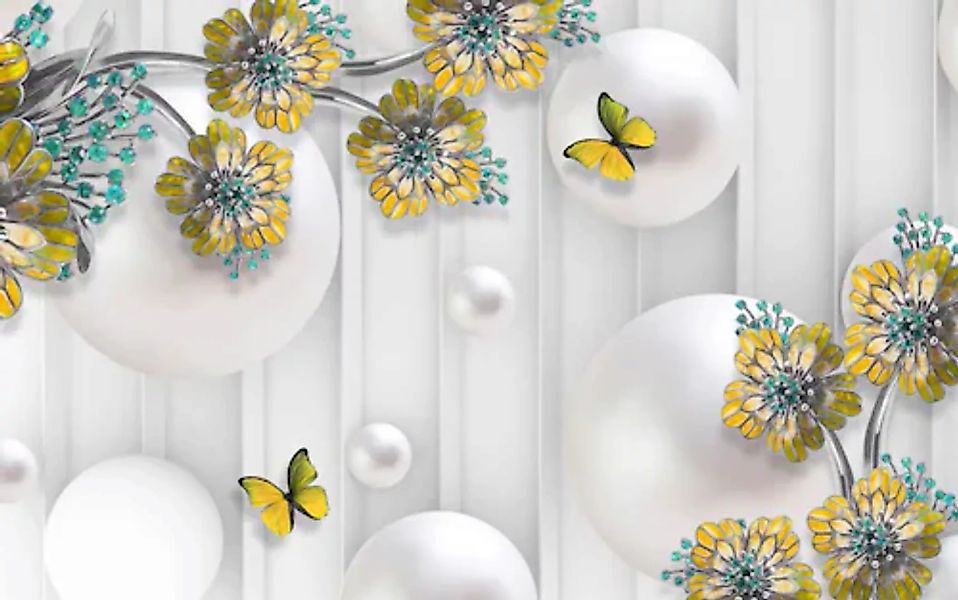 Papermoon Fototapete »Abstrakt 3D Effekt mit Blumen und Schmetterlingen« günstig online kaufen