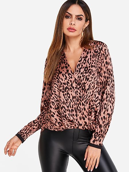 Mode Leopard Gekreuzte Front Design V-Ausschnitt Lange Ärmel Cruve Saum Blu günstig online kaufen
