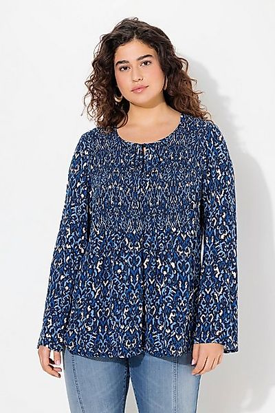 Ulla Popken Druckbluse Bluse gesmokt Rundhals ausgestellter Langarm günstig online kaufen