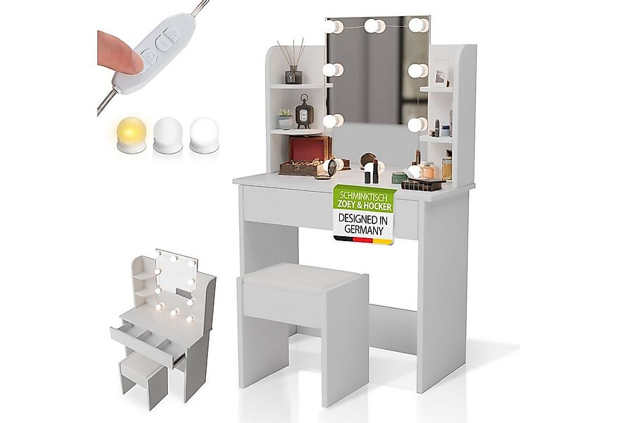 Juskys Schminktisch Zoey, LED-Beleuchtung, inklusive Hocker, viel Stauraum, günstig online kaufen