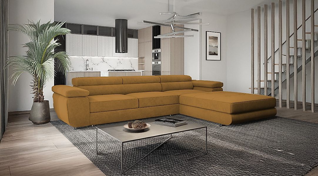 Goldstoff Ecksofa mit Schlaffunktion und Bettkasten, günstig online kaufen