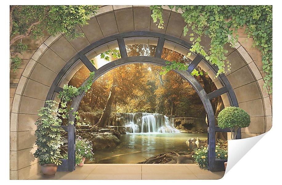 Wallarena Fototapete 3D EFFEKT Fenster Wald Wasserfall Landschaft Wohnzimme günstig online kaufen