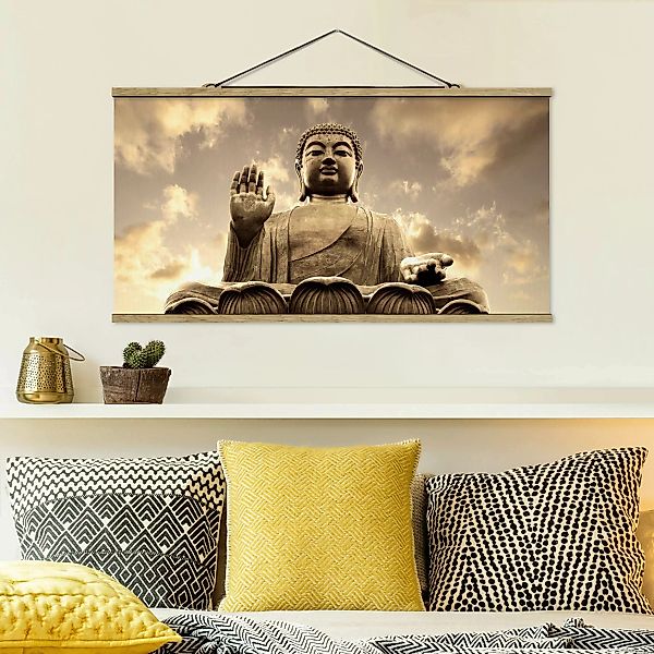 Stoffbild Buddha mit Posterleisten - Querformat Großer Buddha Sepia günstig online kaufen