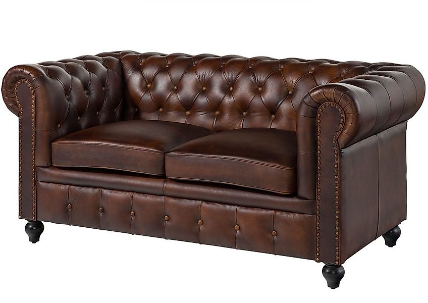 Massivmoebel24 Sofa, Sofa 2-Sitzer Echtleder 158x82x75 braun CHESTERFIELD # günstig online kaufen