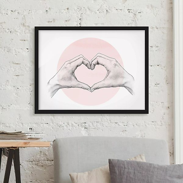 Bild mit Rahmen - Querformat Illustration Herz Hände Kreis Rosa Weiß günstig online kaufen