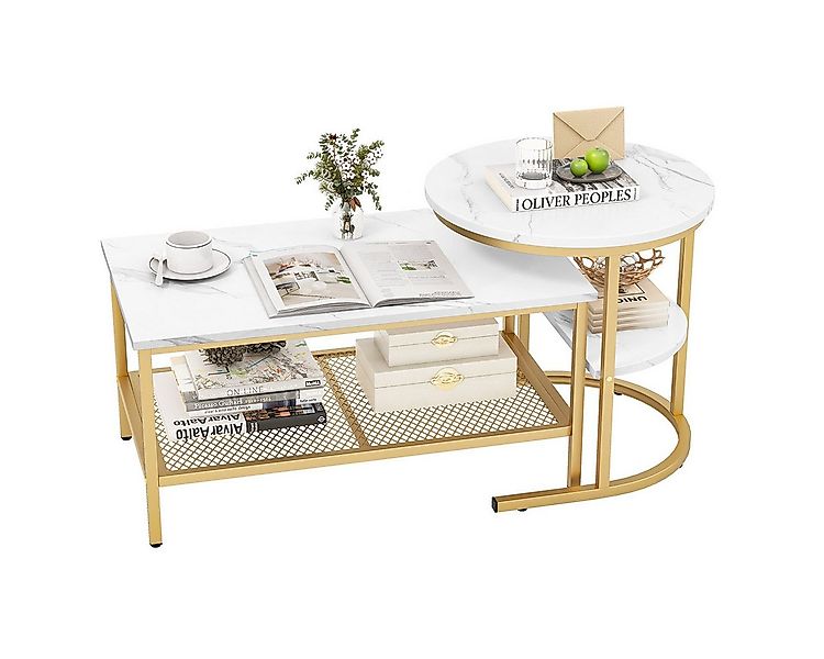 COSTWAY Couchtisch, 2er Set, Marmor, Beistelltisch mit Stauraum, Gold, Meta günstig online kaufen