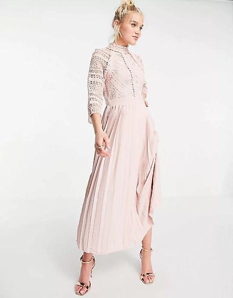 Little Mistress – Wadenlanges Kleid in Blush mit Spitzendetails-Rosa günstig online kaufen