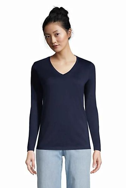 Supima Langarm-Shirt mit V-Ausschnitt, Damen, Größe: XS Normal, Blau, Baumw günstig online kaufen