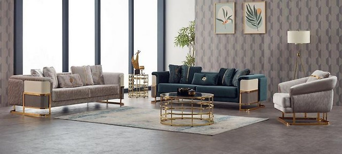 JVmoebel Sofa Couchgarnitur Polstersofa Dreisitzer Sessel Beige Couch Stoff günstig online kaufen