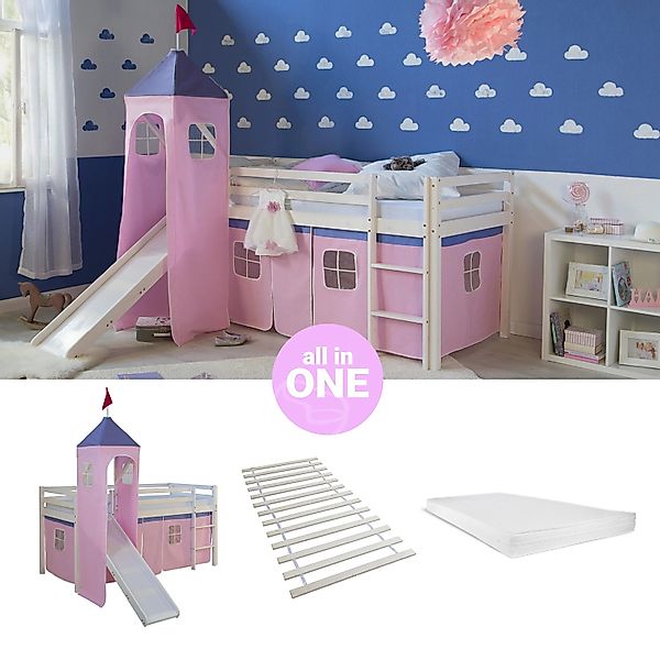 Homestyle4u Hochbett 90x200 mit Vorhang Lattenrost Matratze Rutsche Turm in günstig online kaufen