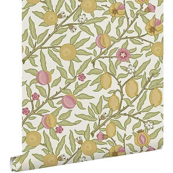 ESTAhome Tapete Exotischen Früchten Und Blättern Grün Rosa Und Ockergelb 50 günstig online kaufen