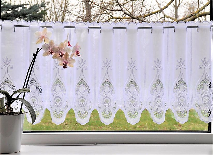 Stickereien Plauen Scheibengardine Blumen, Stangendurchzug (1 günstig online kaufen