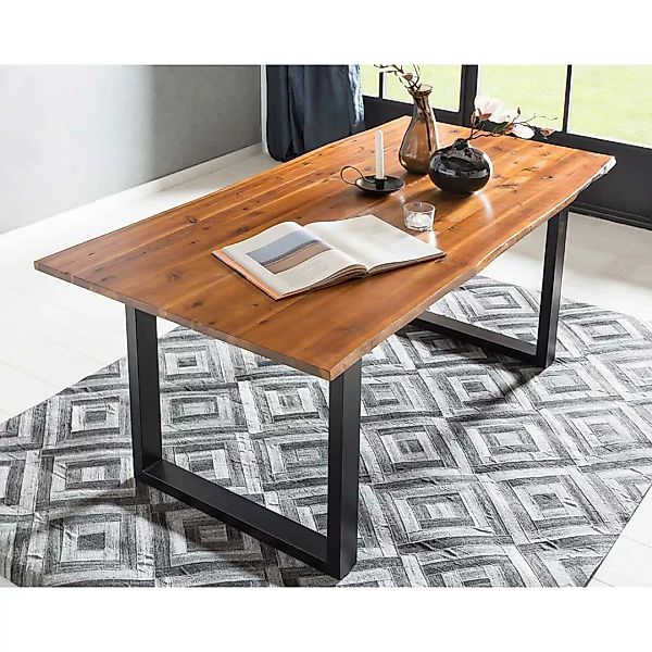 120 cm Baumkanten Tisch in Cognac Braun lackiert Akazie Massivholz und Meta günstig online kaufen