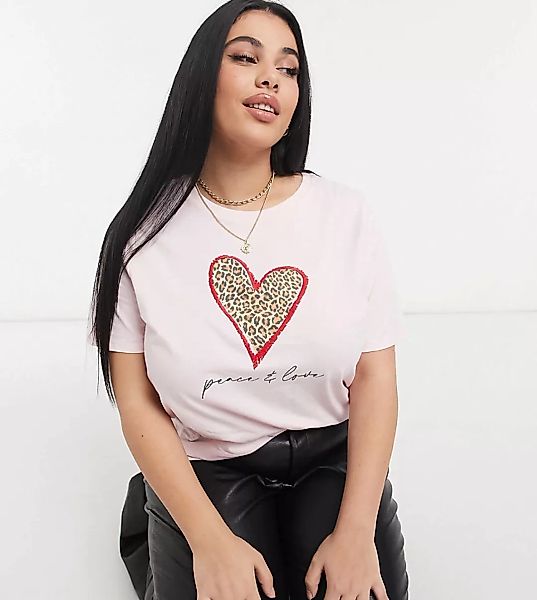 River Island Plus – T-Shirt mit Herz-Grafik mit Leopardenmuster in Rosa günstig online kaufen