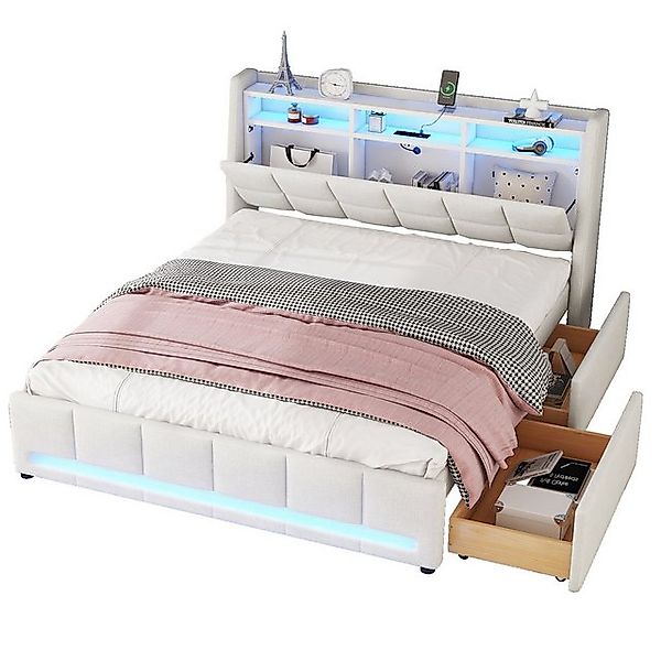 SOFTWEARY Stauraumbett mit LED-Beleuchtung (Lattenrost, 2 Schubladen, USB-A günstig online kaufen