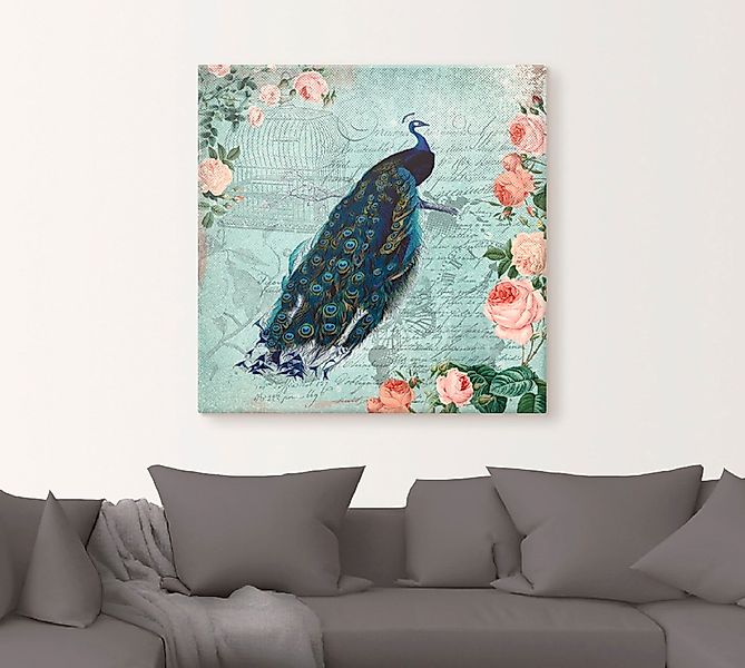 Artland Leinwandbild »Vintage Rosen und Pfau Illustration«, Vögel, (1 St.), günstig online kaufen
