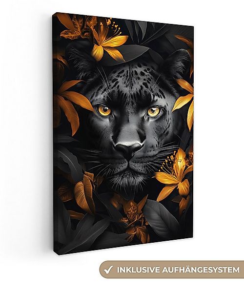 OneMillionCanvasses® Leinwandbild Schwarzer Panther - Blumen - Gold - Natur günstig online kaufen