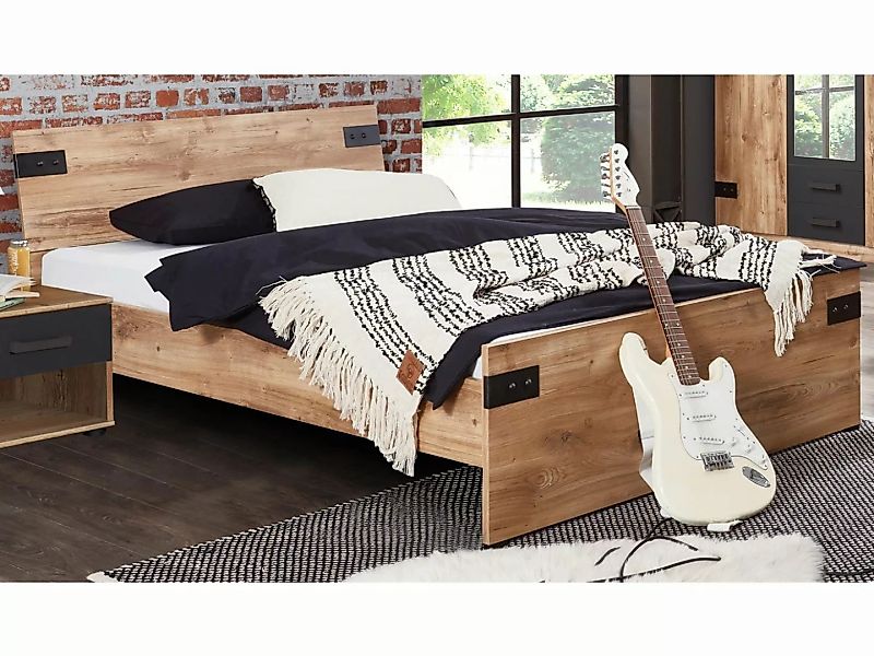 möbelando Bett Lothar, Modernes Bett aus Spanplatte in Plankeneiche Nachbil günstig online kaufen
