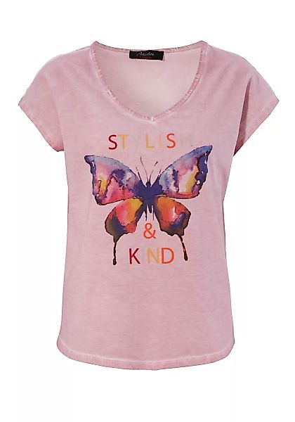 Aniston CASUAL T-Shirt, mit batikfarbigem Schmetterling und Schriftzug günstig online kaufen