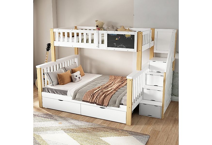 Flieks Etagenbett, Kinderbett mit Tafel Treppe Schubladen 90x200cm+140x200c günstig online kaufen