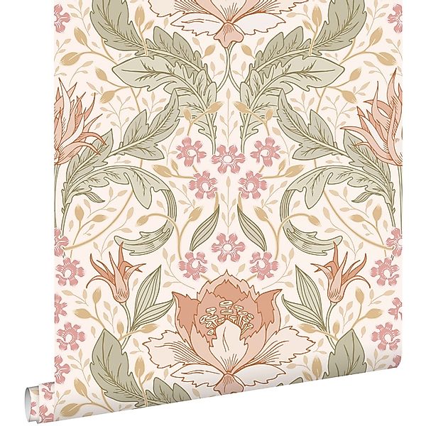 ESTAhome Tapete Blumenmuster im Jugendstil Beige Rosa und Grün 50 x 900 cm günstig online kaufen