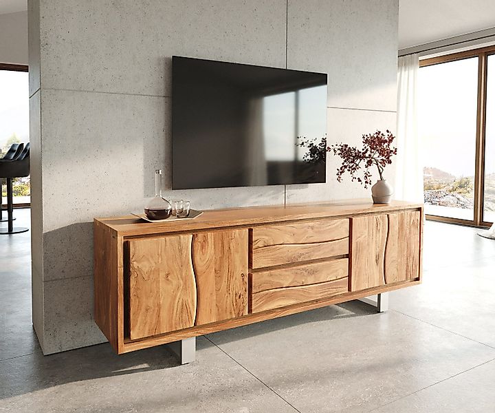 DELIFE Lowboard Live-Edge, Akazie Natur 200 cm 4 Türen 2 Schübe Baumkante L günstig online kaufen