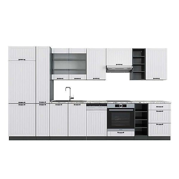 Vicco Fame-Line Küchenzeile Weiß Landhaus/Anthrazit 355 cm AP Marmor günstig online kaufen