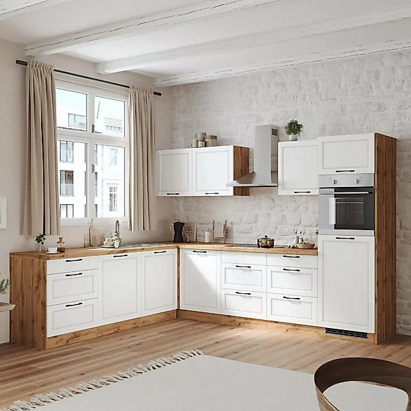 Winkelküche 300/240 cm mit E-Geräten in weiß und Eiche, Arbeitsplatte in Ei günstig online kaufen