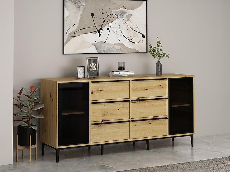 Sideboard mit 2 Türen aus Sicherheitsglas & 6 Schubladen - Holzfarben & Sch günstig online kaufen